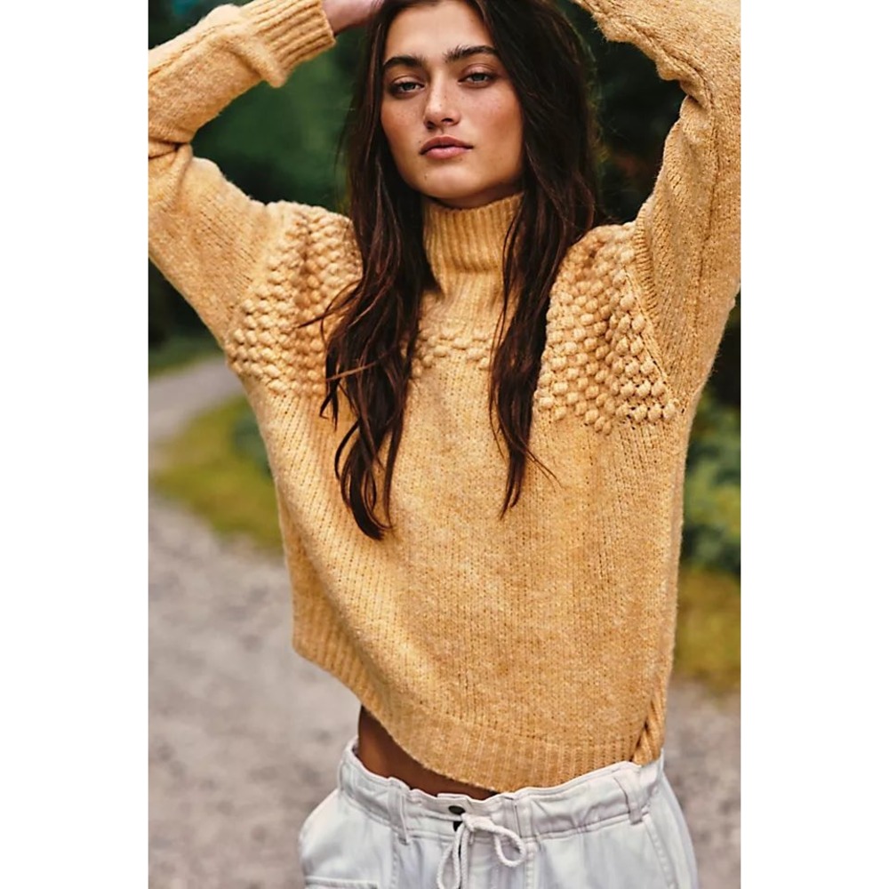 Free People Bradley Pullover Sweater Mustard Mock Neck‎ Chunky Knit XS